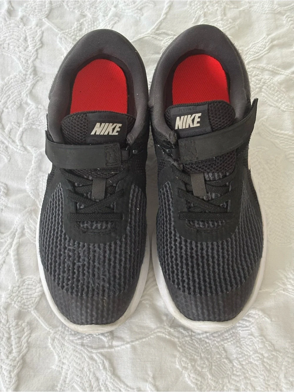 Nike Revolution 4 FlyEase Black and White Mesh Sneaker—Kids 5.5/Women’s 7
